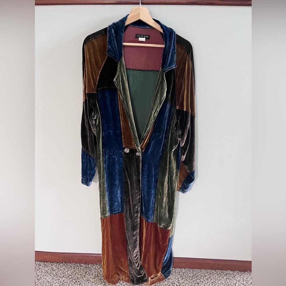 Vintage Citron Silk Patchwork Maxi Coat Velvet Pa… - image 1